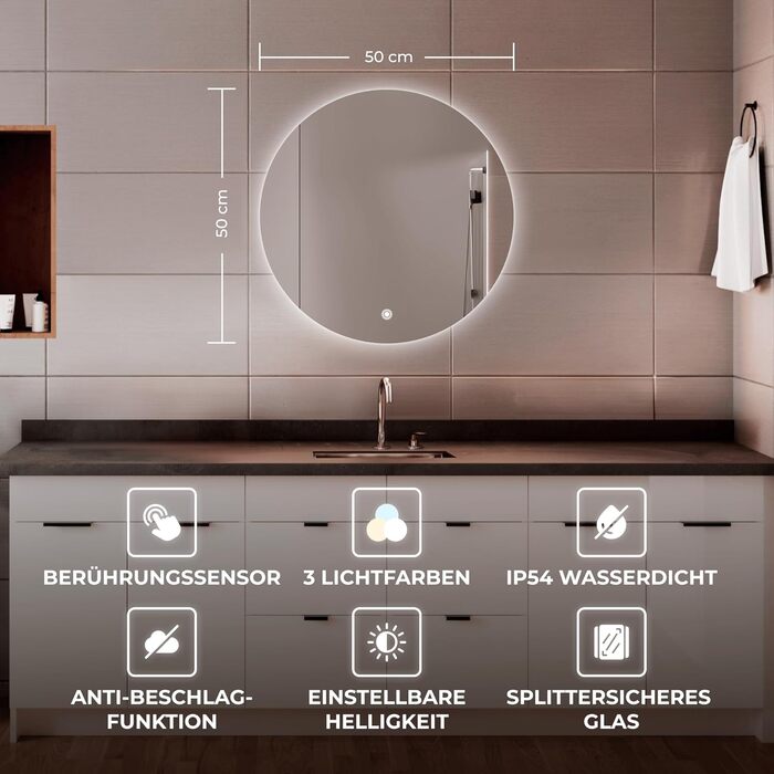 Дзеркало для ванної кімнати BR Bringer LED Round 80см з підсвічуванням, антизапарюванням, димуванням, 3 кольори світла, сенсорне управління та функція пам'яті (BRRS201)