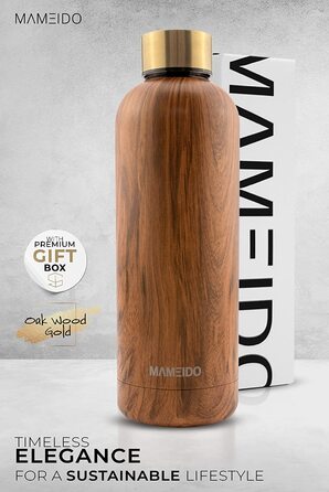 Пляшка для пиття з нержавіючої сталі MAMEIDO об'ємом 1 л-герметичний термос, пляшка для води без бісфенолу А, ізольована пляшка, пляшка для кави та чаю з нержавіючої сталі (500 мл, Oak Wood Gold)