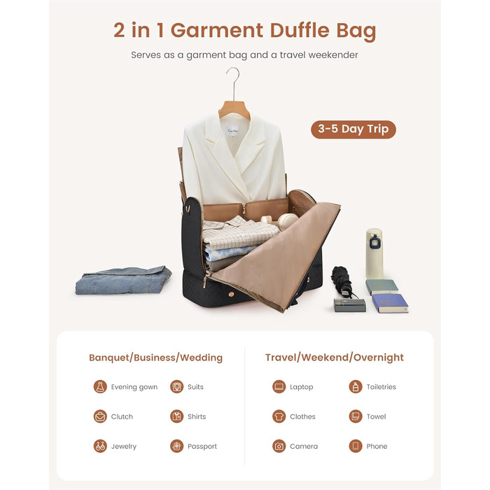 LOVEVOOK Складаний дорожній саквояж для жінок, 2-в-1, з сумкою для взуття, водонепроникний, для ручної поклажі, 53L, чорний