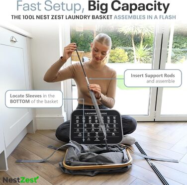 Кошик для білизни Nest Zest 100L з кришкою, 2 відділення для сортування, з інструкцією по догляду та 2 знімними внутрішніми кишенями, з бамбуковим обідком, Оксфордська тканина (Сірий)