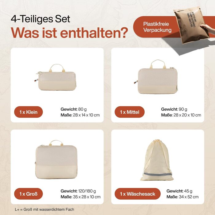 Набір компресійних органайзерів для одягу TRAVEL DUDE (4 шт.), легкі пакувальні куби з переробленого пластику для валізи та рюкзака, пісочний беж