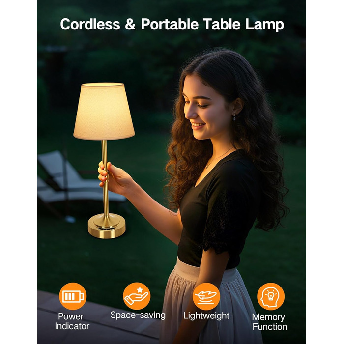 OUTON Настільна лампа бездротова, 2 шт. – диммування, 3 кольори світла, 4000mAh, USB-C, 60 год роботи, золота для спальні, вітальні, їдальні