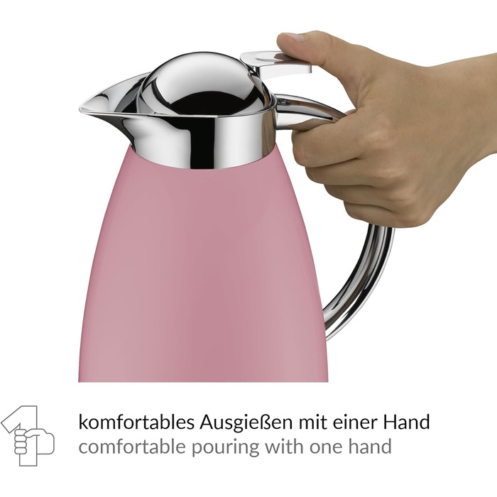 Термос Alfi SIGNO 1.0л, сатиновий сріблястий, з нержавіючої сталі з гігієнічним скляним вкладишем, кришкою з поворотним механізмом та зручною кнопкою, ергономічна ручка, для використання однією рукою, ідеальний для кави та чаю (Romantic Rose Mat)