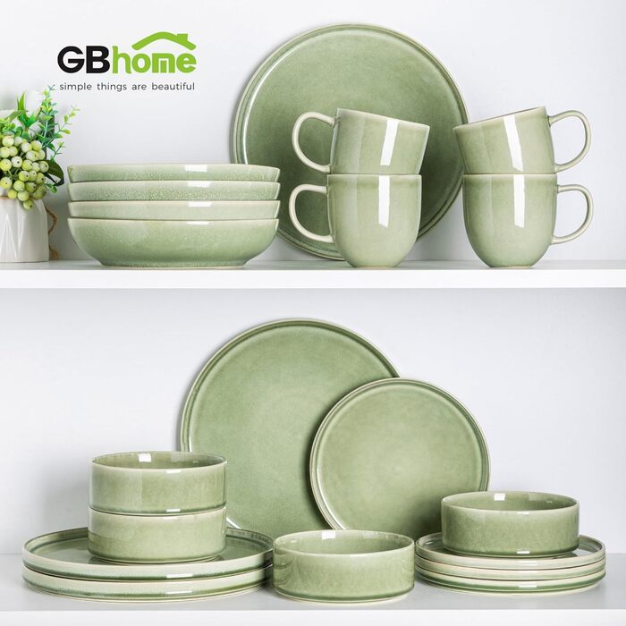 Сервіз GBHOME 12 шт. з реактивною глазур'ю: тарілки та миски, чорно-оливковий, стійкий до сколів, для посудомийної машини та мікрохвильовки