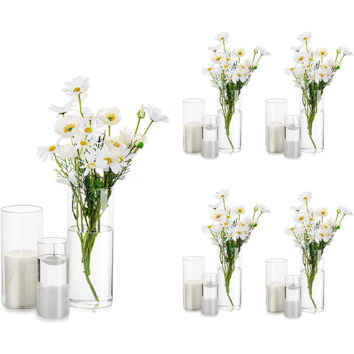 Скляна декоративна ваза, скляний циліндр, настільна ваза, набір з 3 предметів / комплекту, сучасна скляна ваза, круглий скляний циліндр, ваза для квітів, ваза для тюльпанів, настільна ваза для весільної вітальні, тюльпани, троянда, висотою 5/20/25 см (4, 