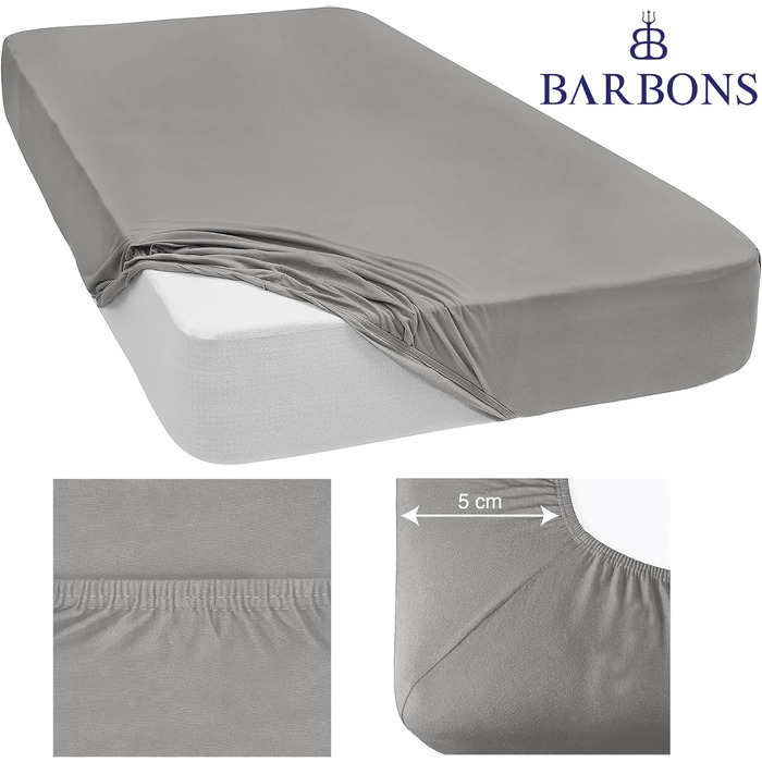 Простирадло BARBONS Premium Fitted Sheet 160x200 см сертифіковане Oeko-TEX, 100 бавовняне простирадло, трикотажне простирадло, простирадло, висота матраца до 25 см ( 160x200 2 шт. ) (Простирадло 180x200 см (2 шт. ), світло-сірий)