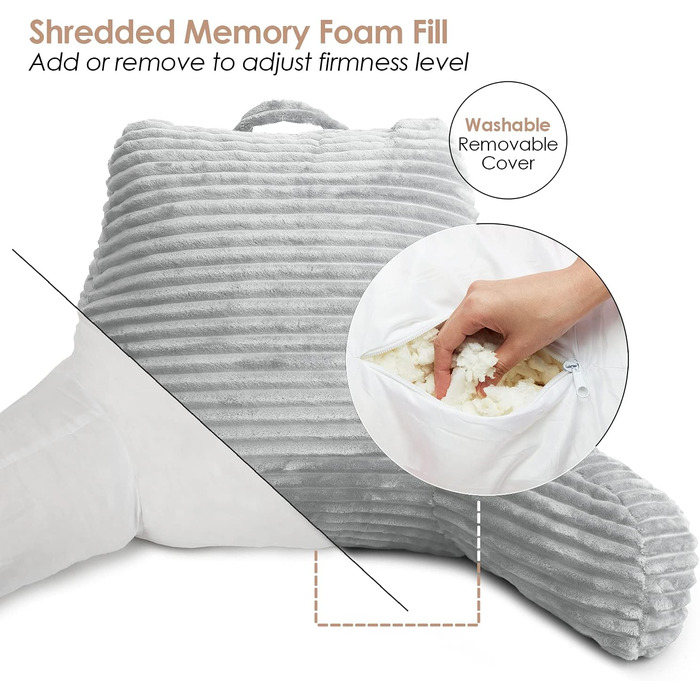 Крісло-лежак Clara Clark для дорослих - спинка для сидіння в ліжку, стандартна плюшева подушка для ліжка, подушка з подрібненим пінополіуретаном з підлокітниками та кишенями, сріблясто-сірий колір