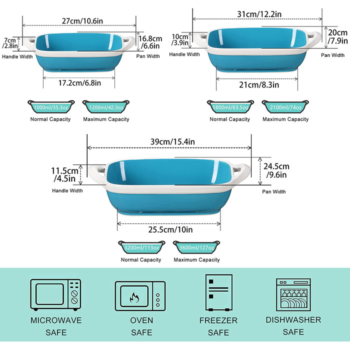 Порцелянова форма для випічки, форма для духовки ЛАВКАСА, прямокутна форма для випічки з 3 предметів із закругленими кутами, форма для запікання з заварним кремом, форми для випічки, листи для лазаньї з ручками (сині, Набір форм для духовки, 3 шт.)