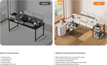 Кутовий стіл з ящиками, геймінговий стіл з розеткою, LED та підставка для монітора, 200 x 146 см, 7 тканинних ящиків, комп'ютерний стіл для офісу, робочого кабінету, спальні (Білий)