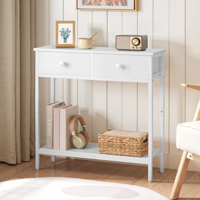 HOOBRO Консольний столик, вузький бічний столик з 2 висувними ящиками з тканини, 75 см, столик для передпокою, журнальний столик для дивану в індустріальному стилі, для передпокою, вітальні, коридору, білий EWW71XG01