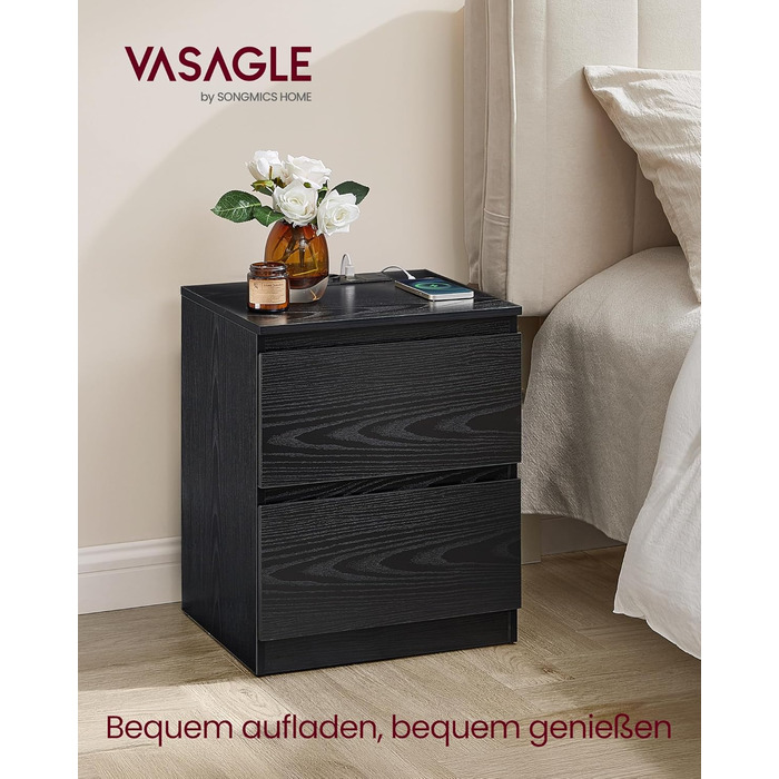 Приліжкова тумбочка VASAGLE Kailyn з розетками, 2 ящики, 2 AC-розетки, 2 USB-A порти, для спальні, хмарно-білий LET62W02