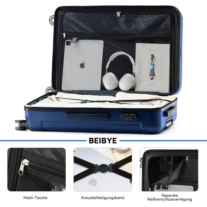 Набір валіз Beibye: жорсткий корпус, коліщатка, замок, 55/66/76 см (Diamond-blue)