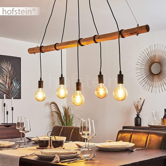 Підвісний світильник Seegaard, підвісний світильник з металу/дерева в чорному/коричневому кольорі, 5 полум'я, 5 x E27, сучасний підвісний світильник, без лампочки