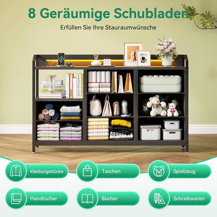 Комод ODK з висувними ящиками та LED-підсвіткою, 10 кольорів, 2 USB та 2 AC розетки, 8 тканинних ящиків, для вітальні та спальні, 110x30x88 см (Чорний)