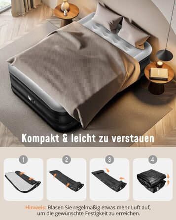 Надувне ліжко Airefina з самонадувною функцією та вбудованим насосом. Розмір 203x152x46 см (подвійне). Для кемпінгу та дому. Міцне гостьове ліжко.