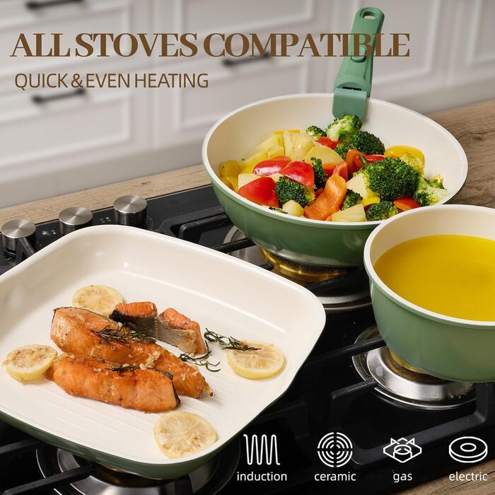 Набір каструль та сковорідок 23 частини з антипригарним покриттям, знімні ручки, для всіх типів плит, сумісний з духовкою, без PFAS, PTFE, PFOA, кремово-білий