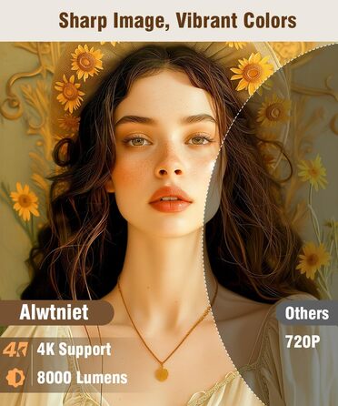 Міні проектор Alwtniet 4K з Wi-Fi 6, Bluetooth 5.4, 5W динаміком, автоматичною корекцією трапецеїдальних спотворень, поворотним на 180°, портативний для дому та вулиці (Android 11)