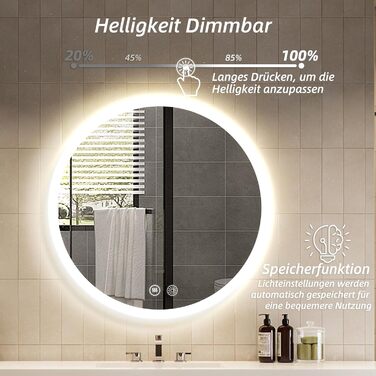 Дзеркало для ванної кімнати HySail з підсвічуванням, 5 мм, висока роздільна здатність, срібне покриття, 3 колірні температури та регульована яскравість, настінне дзеркало з сенсорним перемикачем та антизапарюючим покриттям, кругле (3 кольори + регулювання