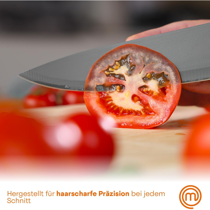 Набір ножів MasterChef 5-ти частинний: поварський, хлібний, для овочів, сантоку та універсальний, з нержавіючої сталі, чорний, з м'якими ручками