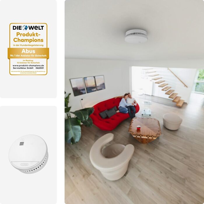 Датчик диму ABUS RWM90 - сертифікований DIN EN14604, з акумулятором на 5 років, для житлових приміщень, білий (1 шт.)