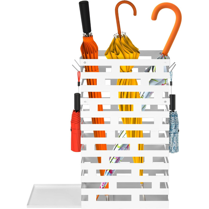 Металевий підставка для парасольки біла, велика з водовідвідною ванною та гачками, 58,4 см - для дому, офісу, готелю