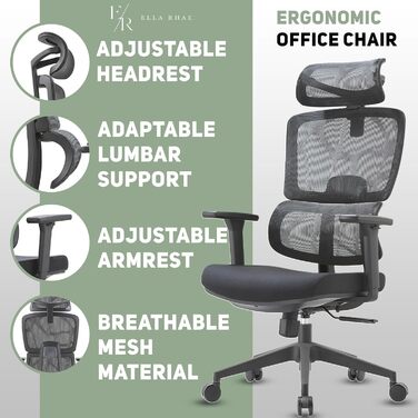 Ергономічне крісло для офісу Ella Rhae Premium - чорне, з сітчастою спинкою