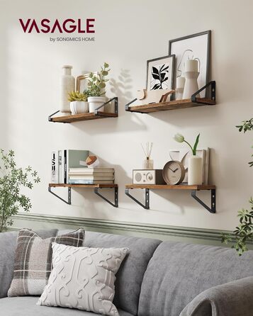 Настінна полиця VASAGLE, 6 шт. у наборі, полиці для стін, 30/35/40 см, для вітальні, кухні, кабінету, ванної кімнати, вінтажний коричневий + матовий чорний, LWS033K02