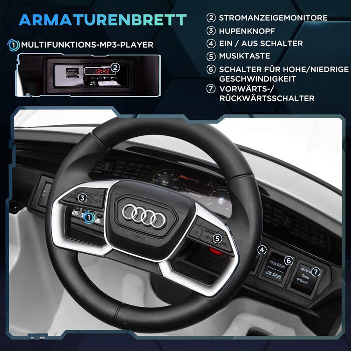 Електромобіль для дітей Audi E-tron HOMCOM 12V з пультом, ременем безпеки, музикою MP3/USB/TF, для дітей 3-5 років, білий