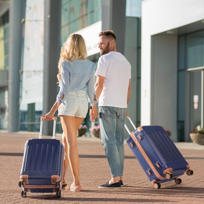 Набір валіз LALAHO 4 шт. з косметичками, з ABS-пластику, для подорожей, ручна поклажа, з захисними кутками (темно-синій, в смужку)