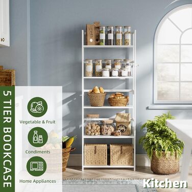 5-ярусна полиця для книг, індустріальна полиця з бамбуковим каркасом, сучасна полиця-вітрина, органайзер для зберігання з дерева для вітальні, домашнього офісу, рустичний колір (білий)