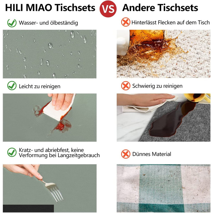 Набір скатертин та підставок під посуд HELI MIAO, 4 шт., 43x30 см, водонепроникні, стійкі до нагрівання, імітація шкіри, зелений