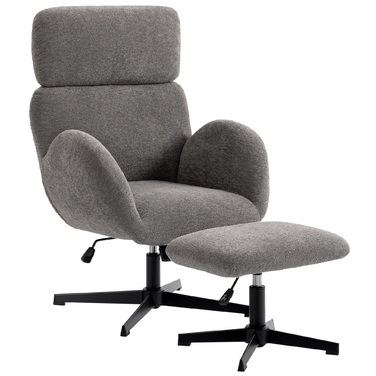 Обертовий крісло з пуфом, регульоване крісло-акцент з регульованою підголівкою, функція гойдання, сірий колір
