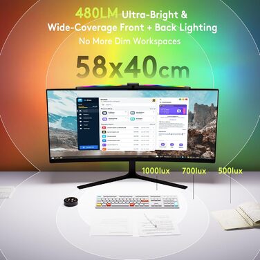 Quntis LED лампа для монітора 66 см з RGB підсвічуванням та пультом дистанційного керування, регульована, з автодиммуванням, захистом від синього світла, без мерехтіння, для геймінгу