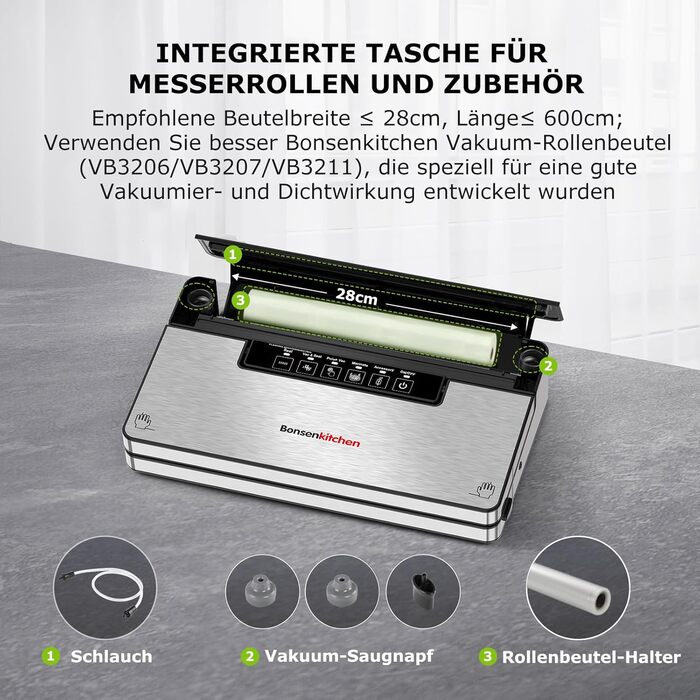 Вакууматор Bonsenkitchen для продуктів, потужний вакуумний пакувальник з 5 режимами, 8 л/хв, сріблястий (комплект: 5 пакетів та 1 рулон)