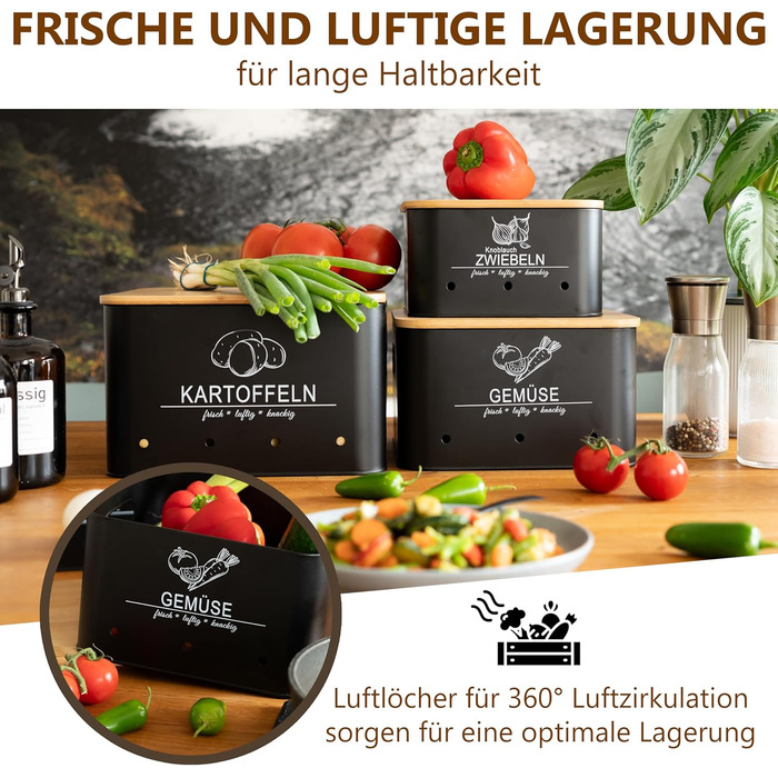 Коробки для зберігання картоплі та овочів MNKsolution (3 шт.) - Чорні контейнери для картоплі, овочів, цибулі та часнику - Органайзер для кухні