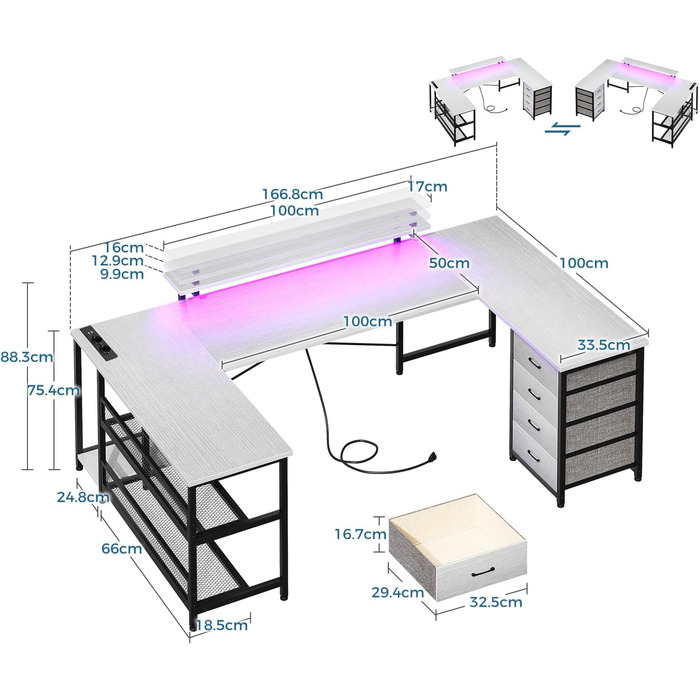 Письмовий стіл ODK U-подібний з 4 ящиками, розетки, USB, LED, підставка для монітора, 167102см, білий