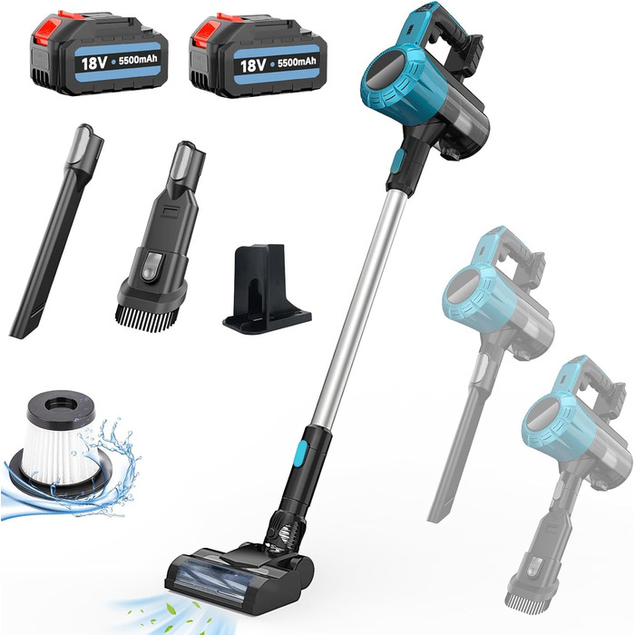 Акумуляторний пилосос, заміна для Makita 18V, 2 x 5.5AH акумулятори, 15000Pa, LED, 1.5L контейнер, для твердих поверхонь, килимів та шерсті тварин
