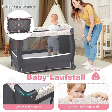 Дитяче туристичне ліжко COSTWAY 5 в 1 з матрацом, функція ліжечка-гойдалки, з регульованим козирком, пеленальний столик, музична іграшка та сумка для перенесення, до 15 кг (квітковий принт)