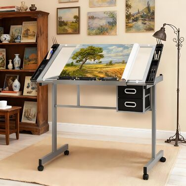 Регульований стіл для малювання Magshion з нахиленою скляною стільницею, переносний з 2 шухлядами та колесами, для художників, студентів (прозорий)