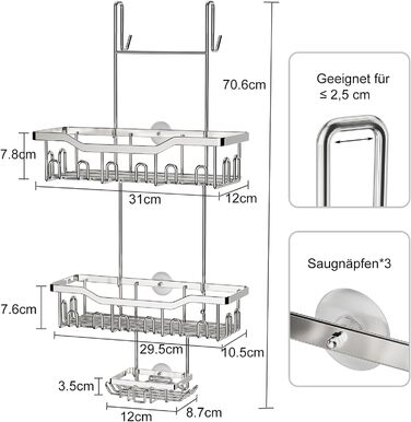 Підвісна душова полиця ZUIMENG, 3 яруси, без свердління, з мильницею та гачком, срібло
