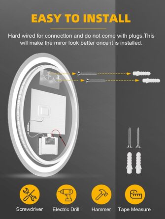 Дзеркало для ванної кімнати Bellanny LED з підсвічуванням 60 см | Настінне дзеркало для макіяжу, косметичне дзеркало | Дзеркало для макіяжу з сенсорним вимикачем, 3 кольори світла, регулювання яскравості, проти запотівання, IP44, кругле, горизонтальне/вер
