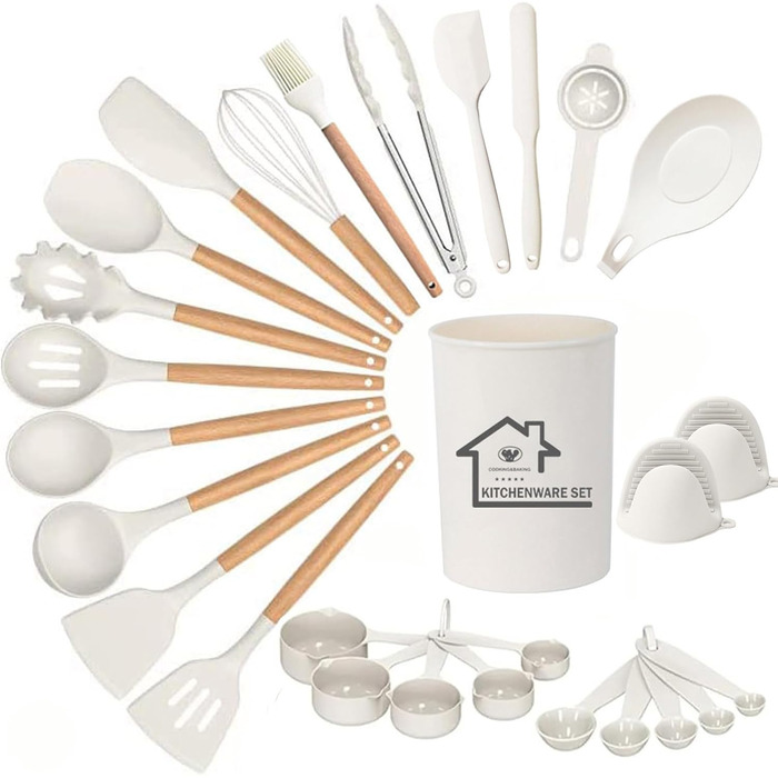 Набір кухонних аксесуарів з силікону, 28 предметів: лопатки, шпателі, мішалки та інше. Сумісний з антипригарним посудом.