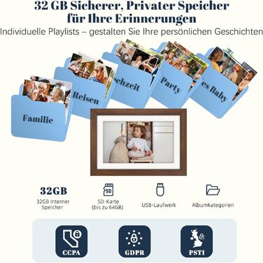 Цифровий фоторамка Frameo 10.1 дюйма з Wi-Fi, горіхове дерево, 32GB, IPS Touchscreen, Wi-Fi, фото/відео через додаток Frameo, подарунок для чоловіків та жінок