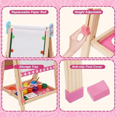 Дитяча мольберт Kinder Staffelei 3 в 1: регульована висота 95-125 см, ролик для паперу, двосторонній, з набором для малювання (100+ шт.), для дітей 3-8 років (рожевий)