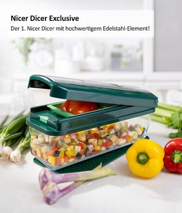 Набір для нарізки овочів Genius Nicer Dicer Exclusive 15 елементів, набір для нарізки кубиками + набір для нарізки помідорів, 4 насадки + груба тертка та шинковка, контейнер 2500 мл, зелений