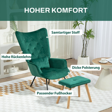 Крісло-гойдалка HOMCOM з табуретом, крісло з подушками, оксамитовий ефект, крісло з дерев'яними ніжками з спинкою для спальні, вітальні, 66 x 96 x 101 см, зелений
