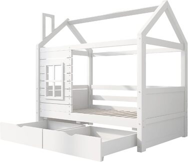 Дитяче ліжко 80x160 см з ящиками та віконцем, масивне дерев'яне ліжко з бортиками та ламелями, ліжко-будиночок для хлопчиків та дівчаток, ліжко-будиночок, ліжко для підлітків, без матраца, біле