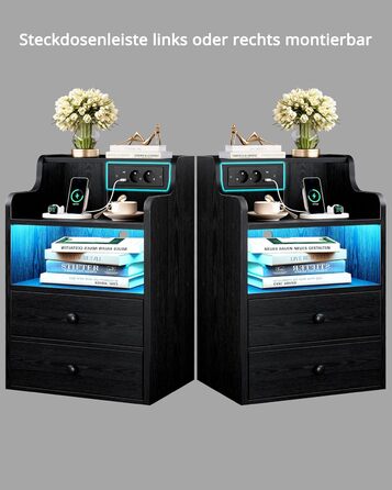 Нічний столик IRONCK з LED-підсвічуванням, розеткою та функцією зарядки, з ящиками, чорний