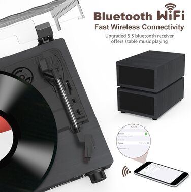 Вініловий програвач Udreamer з Bluetooth 5.3, двома стереодинаміками, підтримкою 3 швидкостей, AUX, RCA, USB, ретро дизайн, чорний
