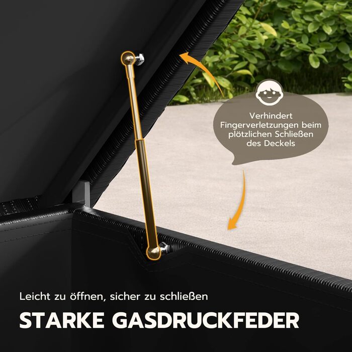 Водонепроникний садовий ящик Amopatio Gartenbox 480л з поліротангу, металевий ящик для подушок на колесах з газліфтом для саду та балкону (чорний)